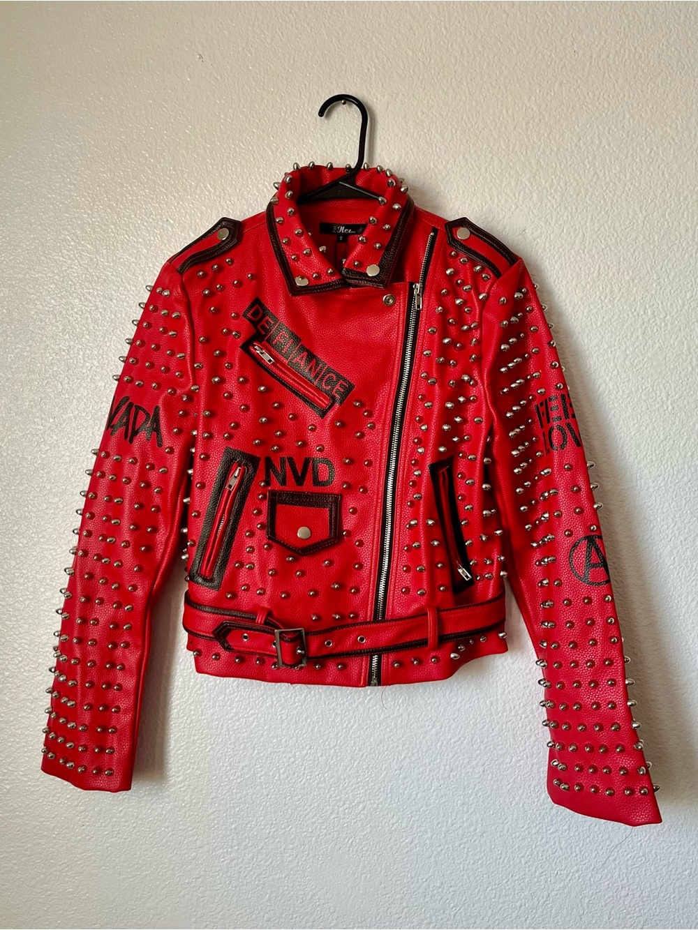 Studded Red Leather Biker Jacket with Belt - Women's Fashion - Picture 5 of 16